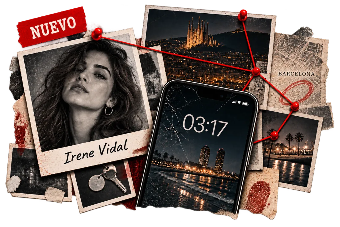 Tablero de investigación de la muerte de Irene Vidal: fotos, un móvil con la hora 03:17 y un mapa de Barcelona unidos por un hilo rojo