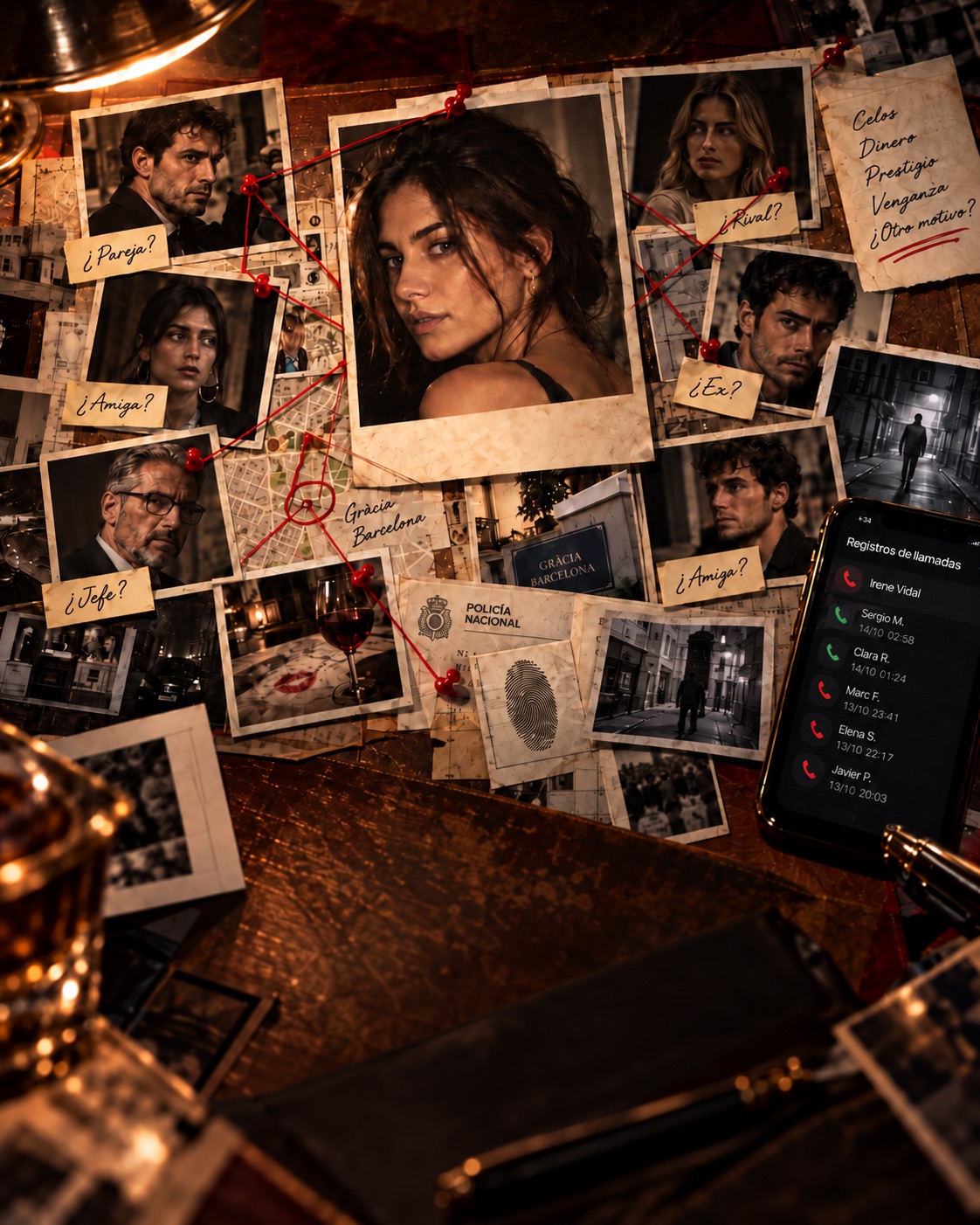 Tablero de investigación: las polaroids de los sospechosos etiquetadas con «¿Pareja?», «¿Amiga?», «¿Jefe?», «¿Rival?» y «¿Ex?», unidas por hilo rojo a un mapa de Gràcia, con el registro de llamadas de Irene Vidal